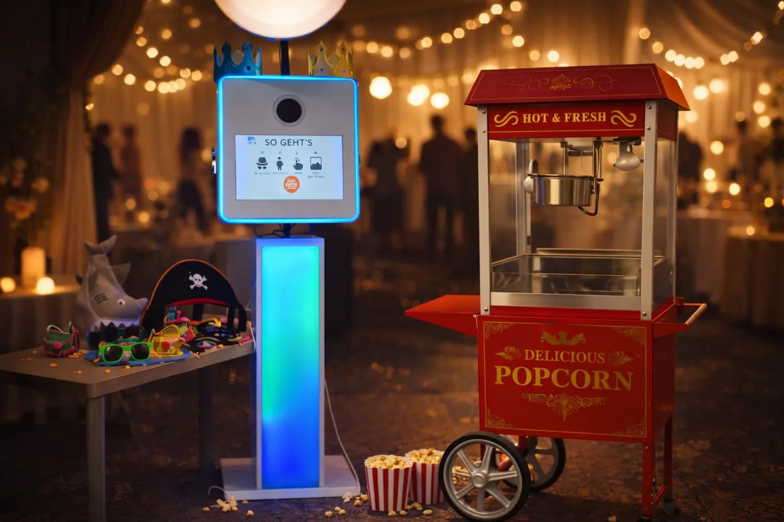 Fotobox und Popcornmaschine auf einer stimmungsvollen Feier – Hüpfburgenverleih in Landsberg am Lech