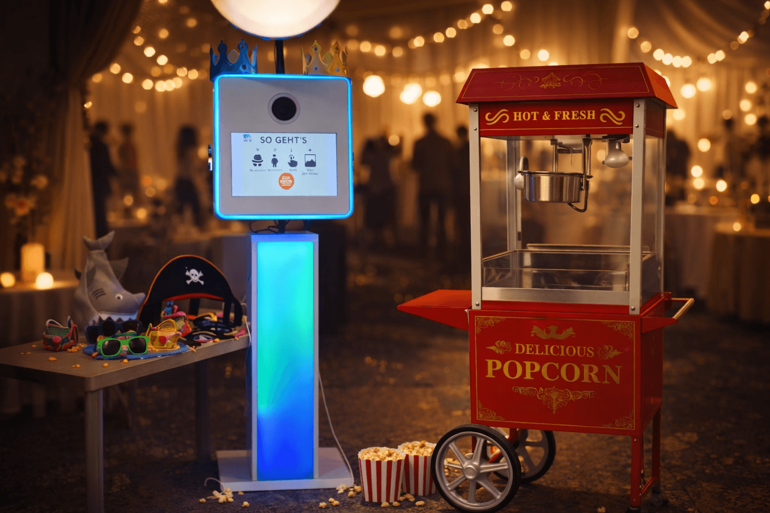 Fotobox und Popcornmaschine auf einer stimmungsvollen Feier