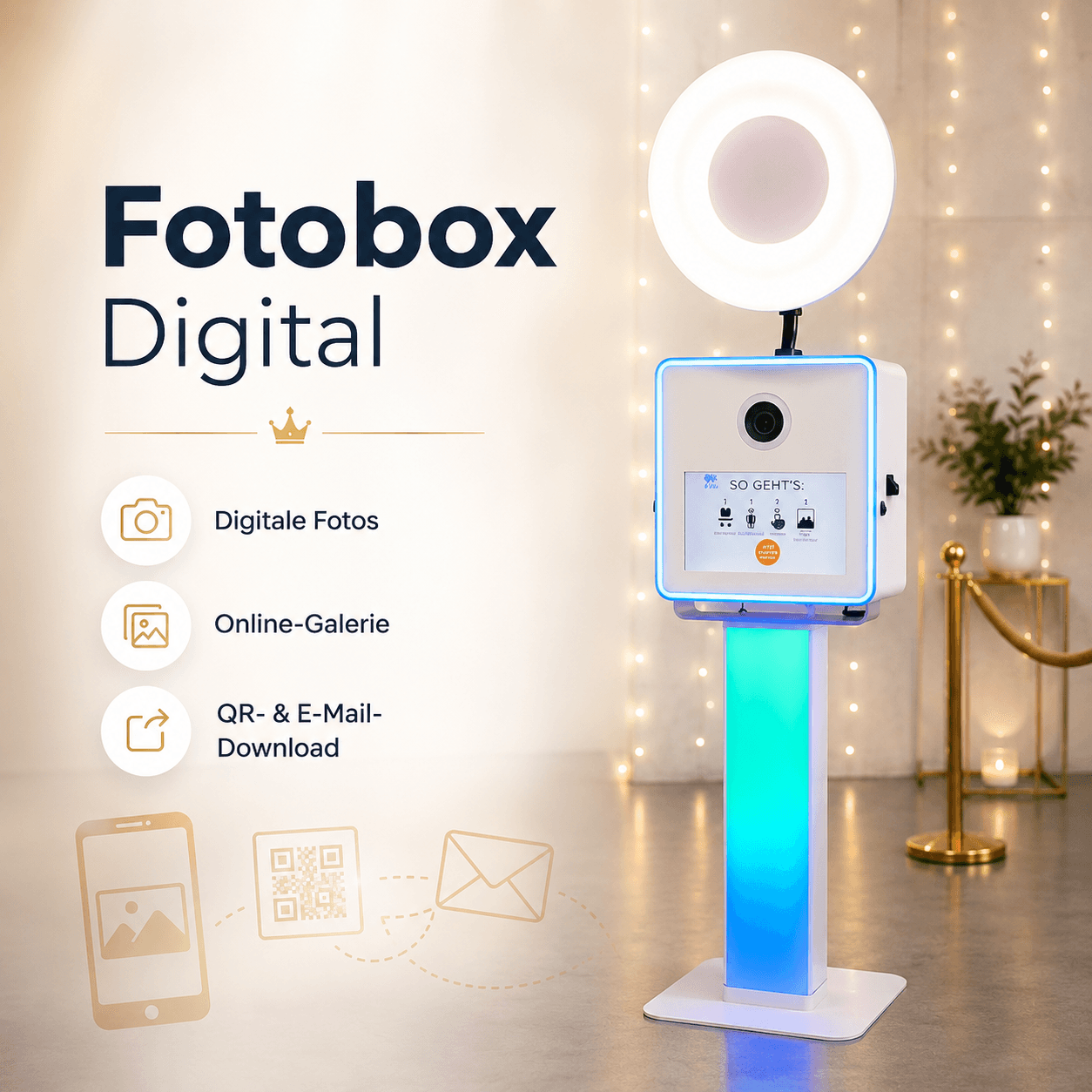Fotobox Digital mit Ringlicht und LED-Standfuß vor Lichterketten-Hintergrund