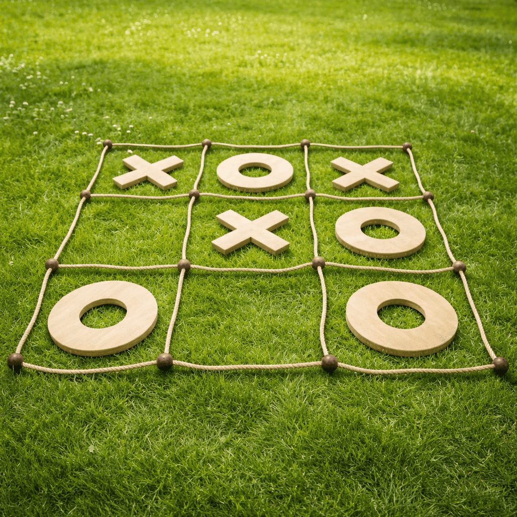 Riesen Tic Tac Toe aus Holz mit XXL-Spielfeld aus Seil auf grüner Wiese aufgebaut