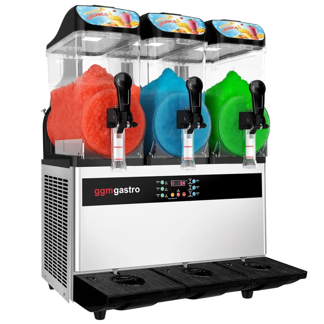 Silber-schwarze Profi-Slush-Maschine mit drei 12-Liter-Behältern und drei Slush-Sorten