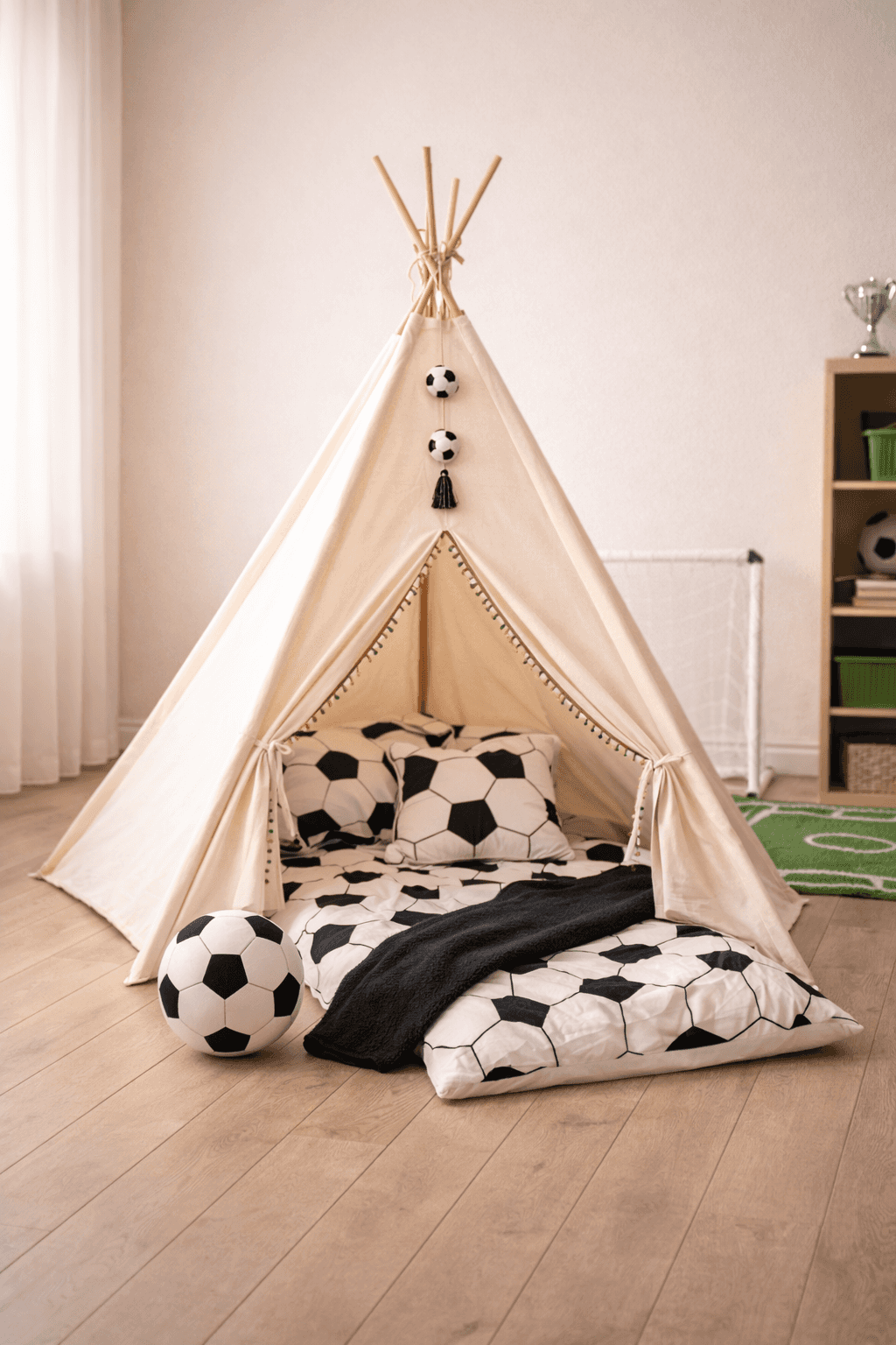 Tipi-Party Fußball mit einzelnem Zelt, Fußball-Bettwäsche und Lederball auf Parkettboden