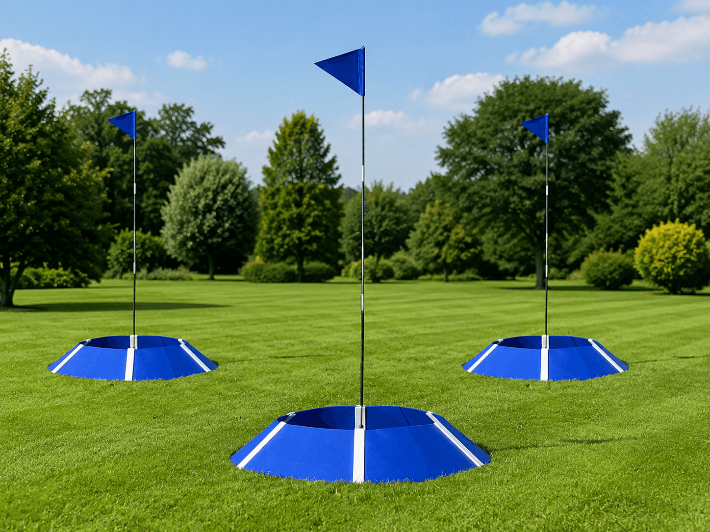 Drei blaue Fußballgolf-Löcher mit Fahnen auf grüner Rasenfläche im Freien