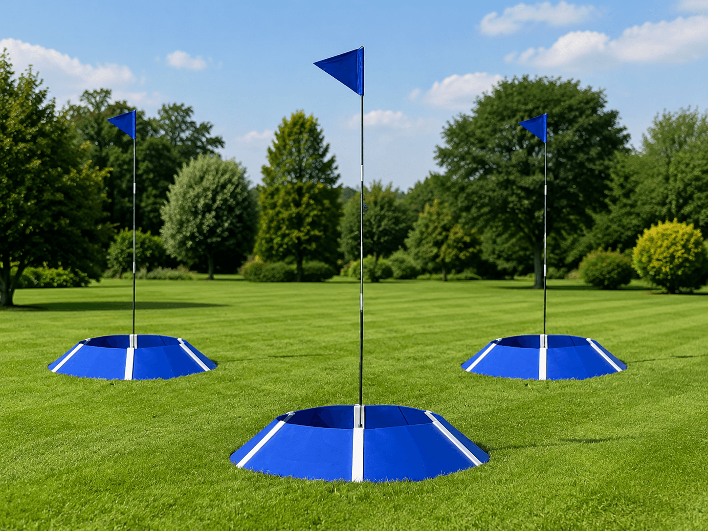 Drei blaue Fußballgolf-Löcher mit Fahnen auf grüner Rasenfläche im Freien