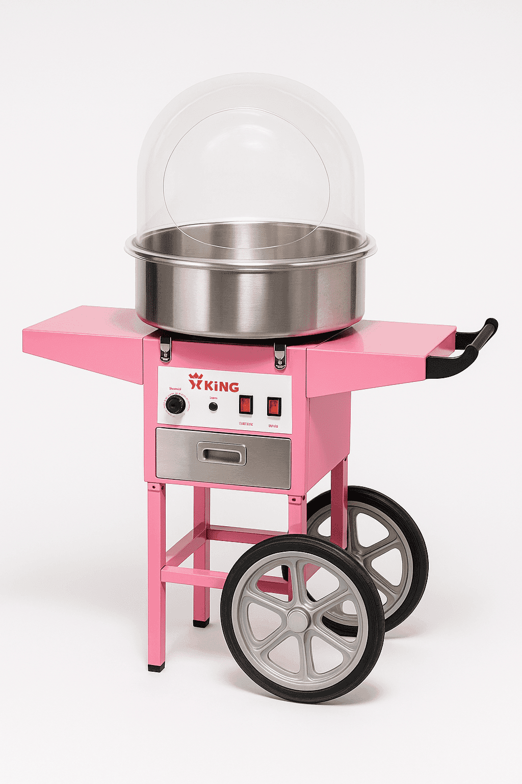 Pinke Zuckerwattemaschine mit fahrbarem Wagen und transparenter Schutzhaube