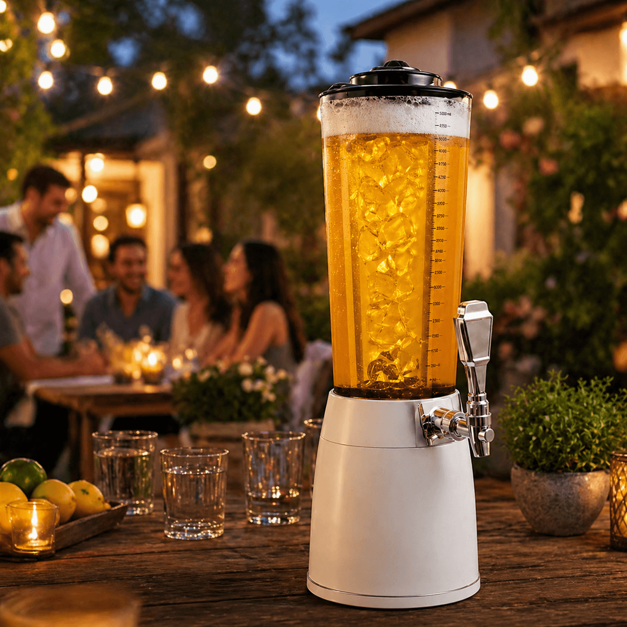 LED-Getränkespender 4 Liter mit Bier und Eis auf Holztisch bei Abendparty im Garten