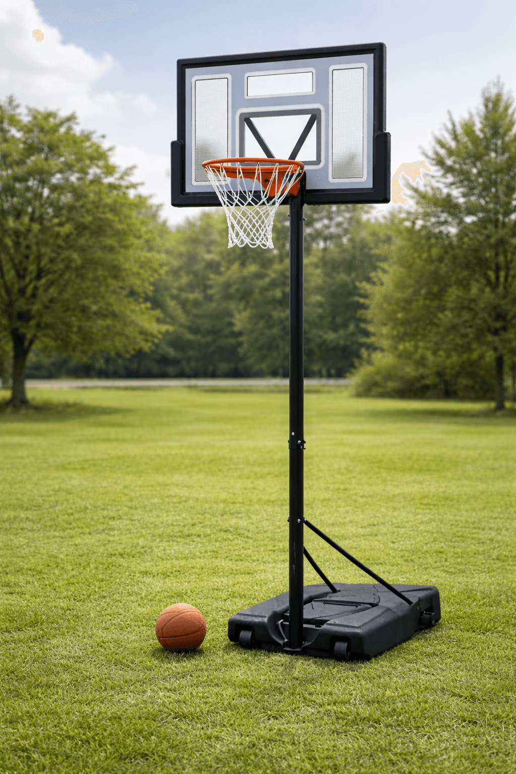 Höhenverstellbarer Basketballständer mit Korb und Ball auf grüner Wiese im Park