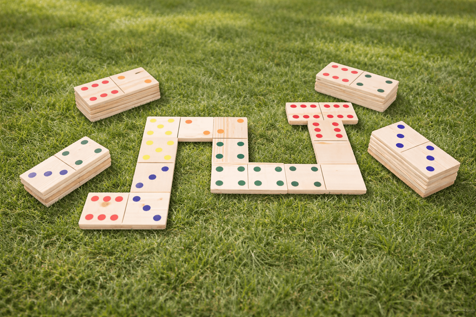 Giga Domino Set aus Holz mit bunten Punkten als angelegte Spielkette auf Rasen