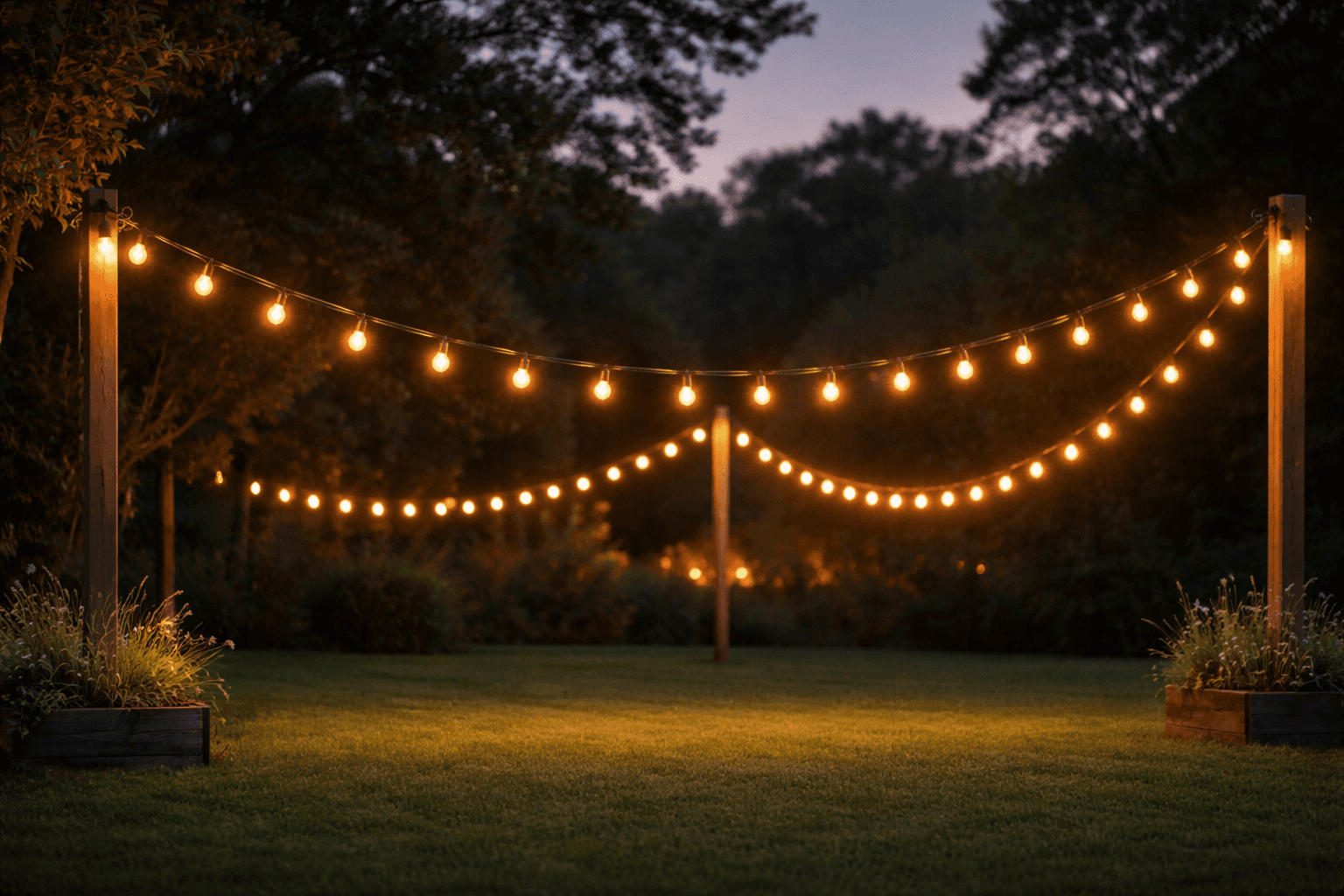Outdoor Lichterkette mit warmweißen Glühlampen über Holzpfosten in abendlichem Garten gespannt
