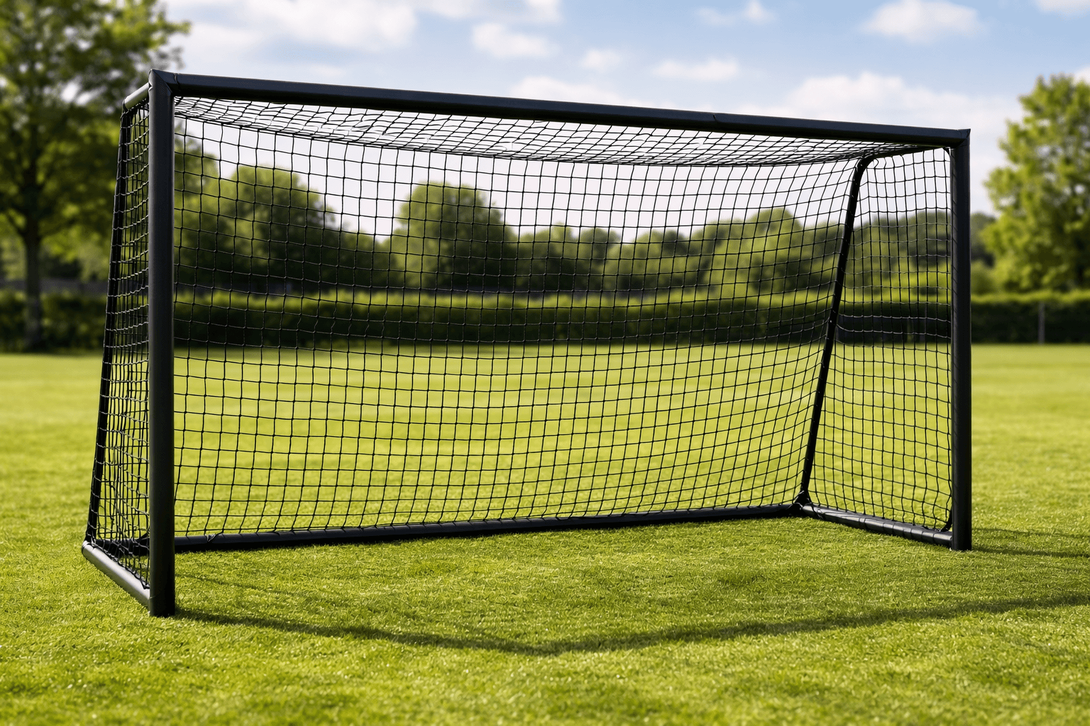 Großes Fußballtor 300 x 200 cm mit schwarzem Netz und Rahmen auf Rasenplatz