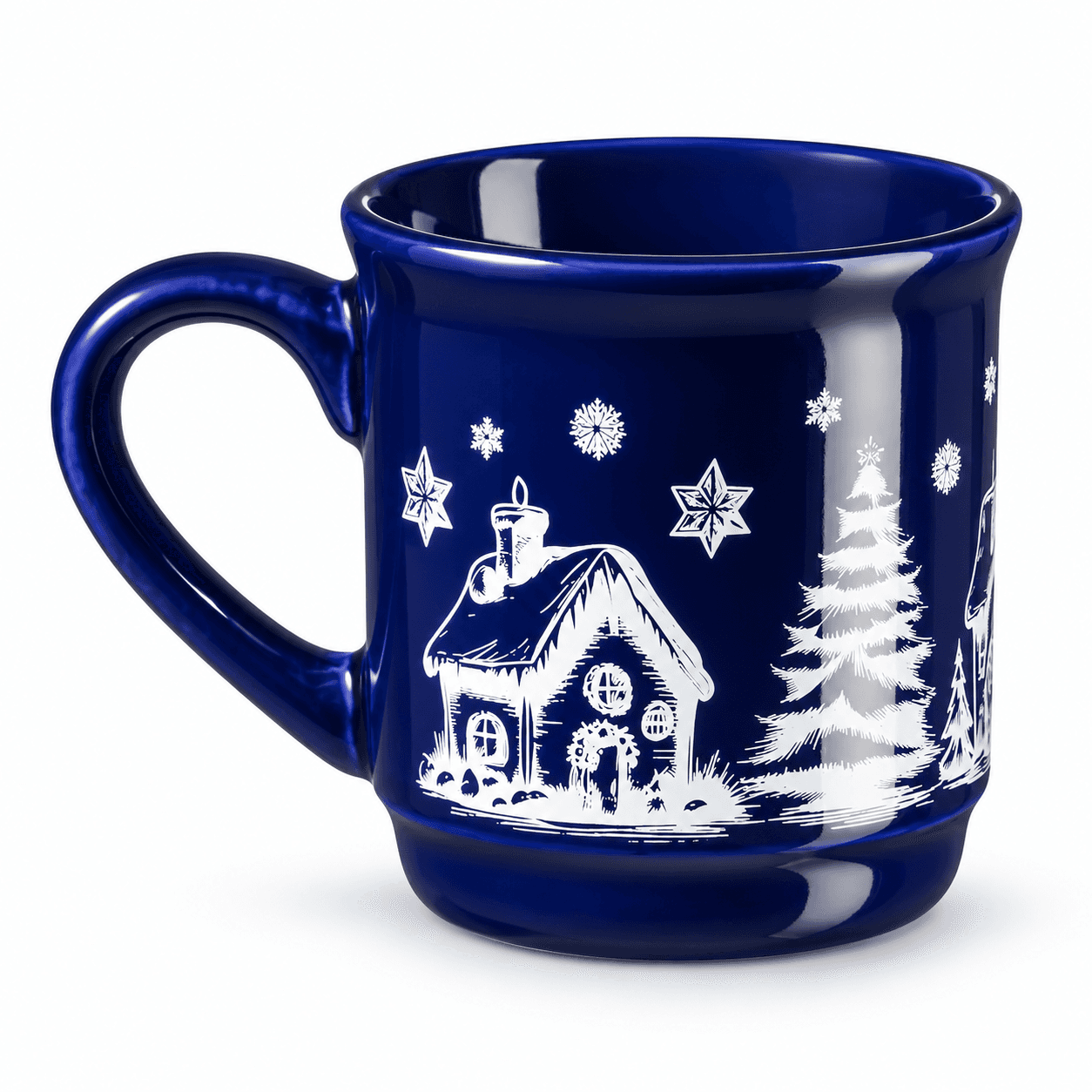 Blauer Glühweinbecher 0,2 l mit weißem Weihnachtsmotiv aus Keramik, Seitenansicht