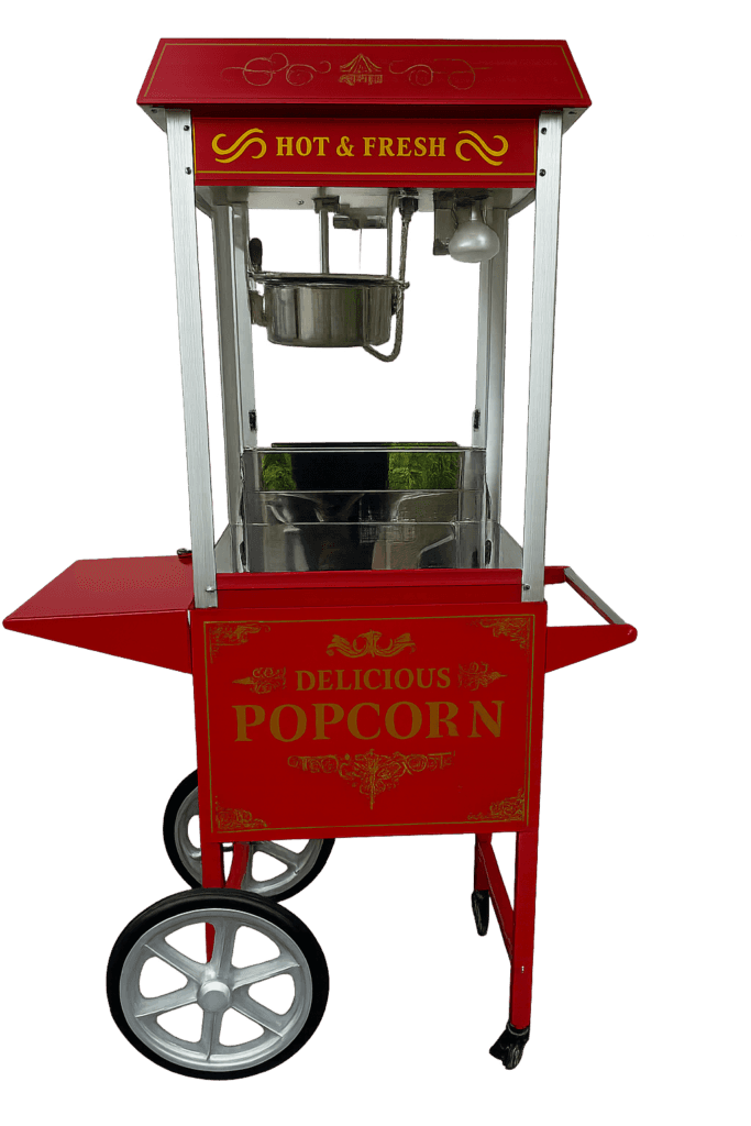 Mobile rote Popcornmaschine im Retro-Stil mit fahrbarem Wagen und Rädern