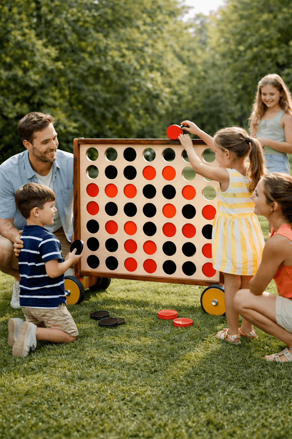 XXL Vier Gewinnt im Garten: Familie spielt mit roten und schwarzen Spielscheiben