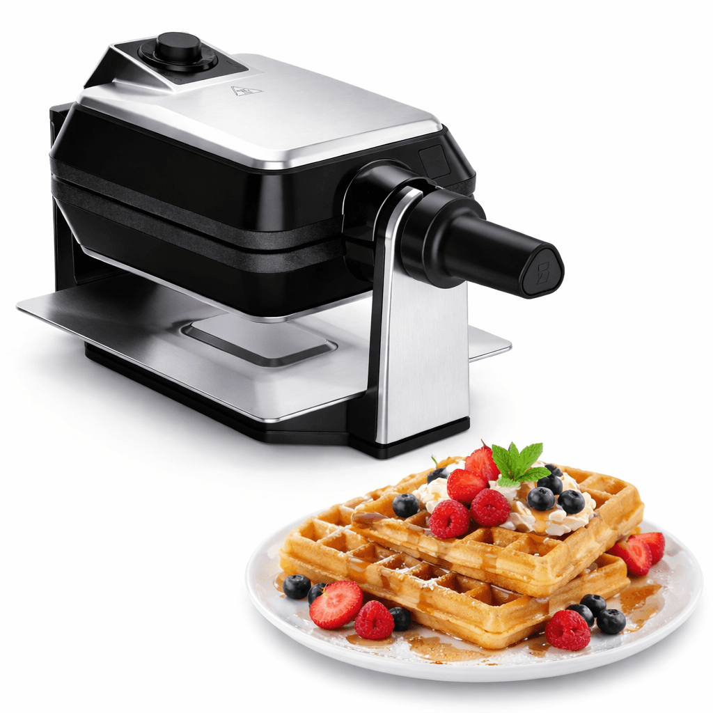 Profi Doppel-Waffeleisen aus Edelstahl mit belgischer Waffel und Beeren auf Teller