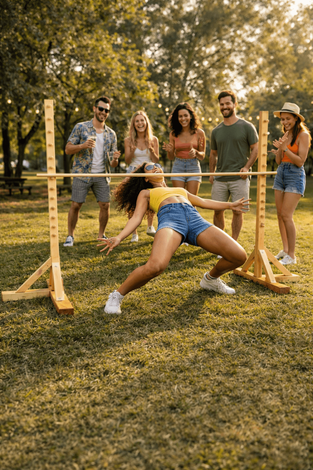 Limbo Tanz Set in Aktion: Frau tanzt unter Holzstange, Freunde jubeln im Park
