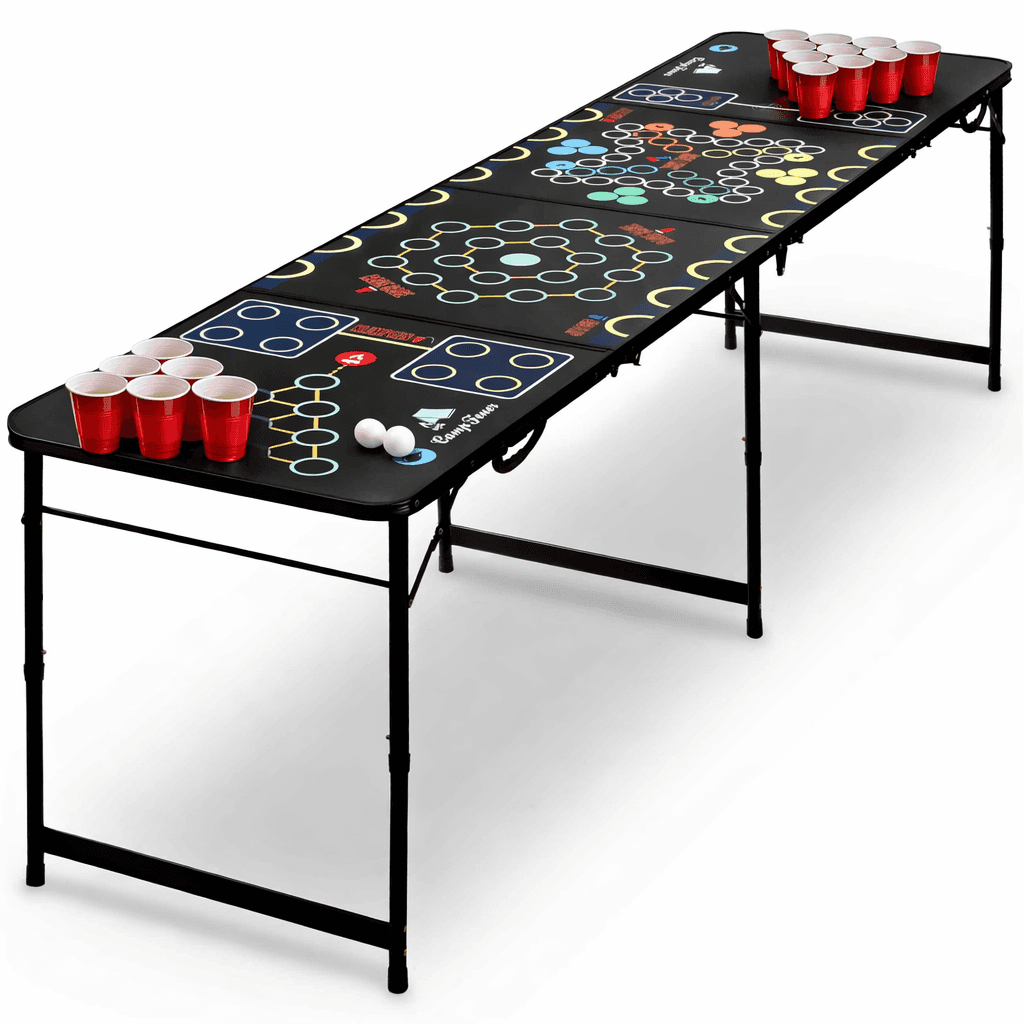 Bierpong Partytisch 6-in-1 mit roten Bechern und Spielfeld-Aufdruck, klappbar