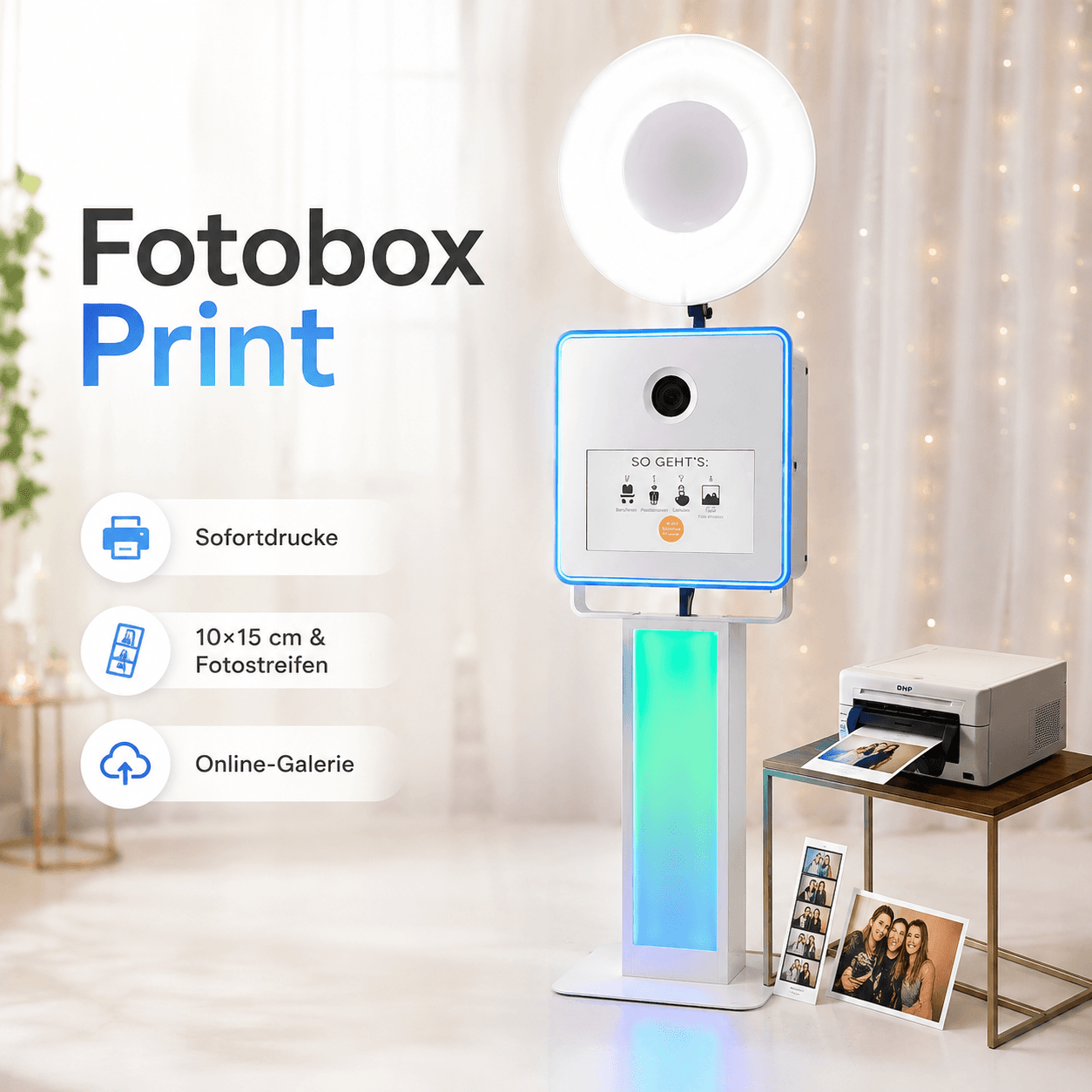 Fotobox Print mit Ringlicht, LED-Säule und DNP-Drucker auf Beistelltisch