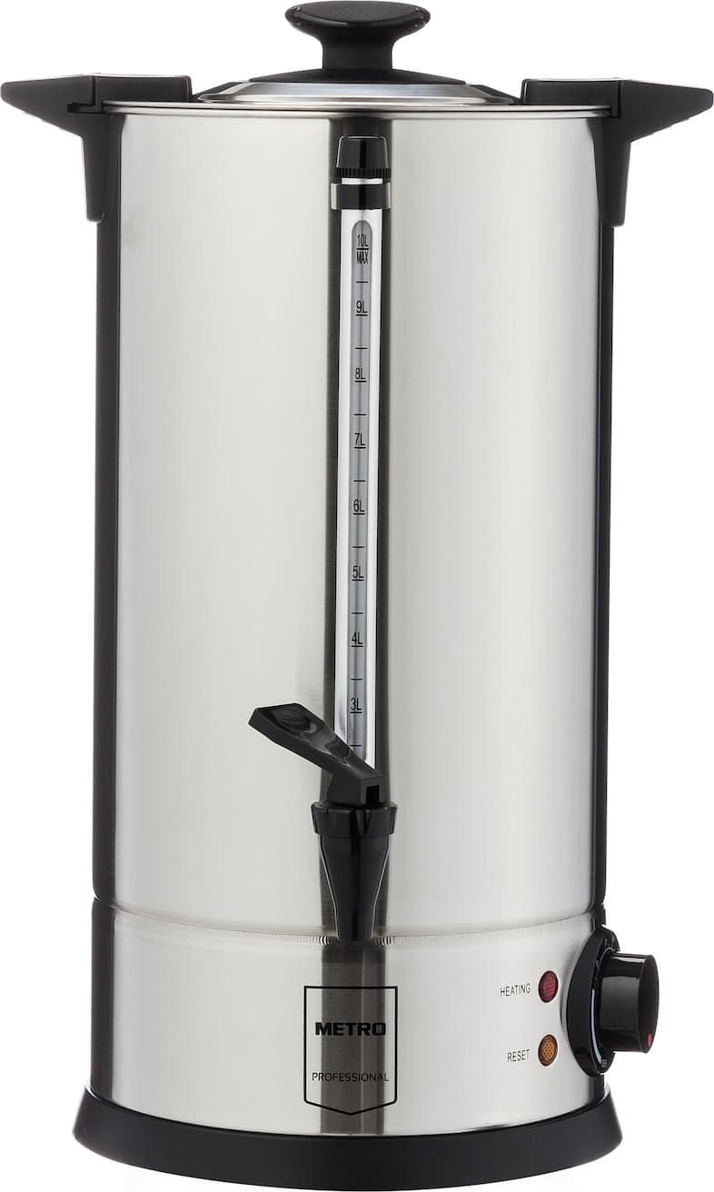 Teestation mit 10-Liter-Heißwasserspender aus Edelstahl, Füllstandsanzeige und Zapfhahn