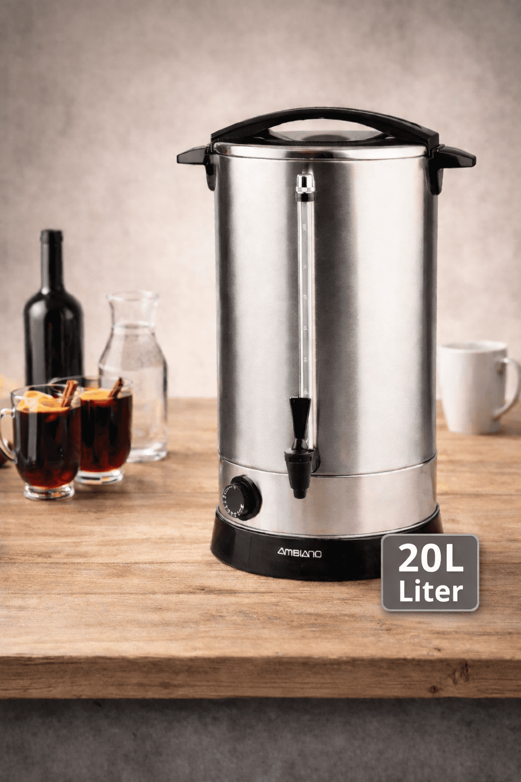 Glühweinkocher 20 Liter aus Edelstahl mit Zapfhahn und Glühweingläsern