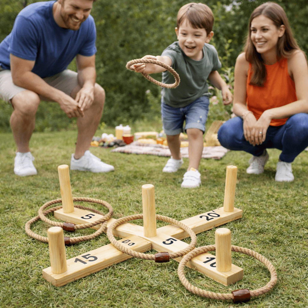 Familie spielt Mega Ringwerfen aus Holz auf Rasen, Junge wirft Seilring