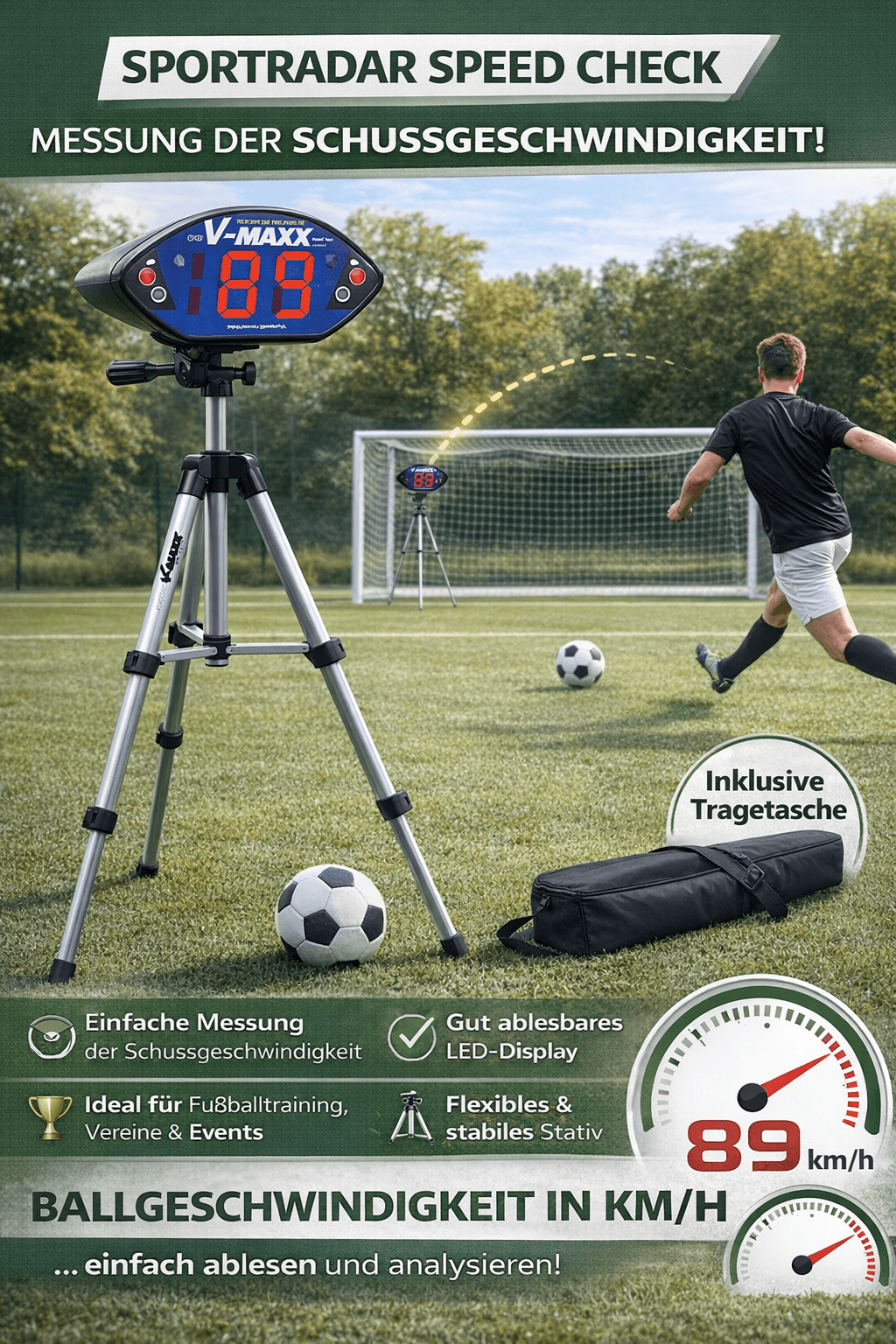 Sportradar Speed Check auf Stativ misst Schussgeschwindigkeit eines Fußballspielers vor Tor